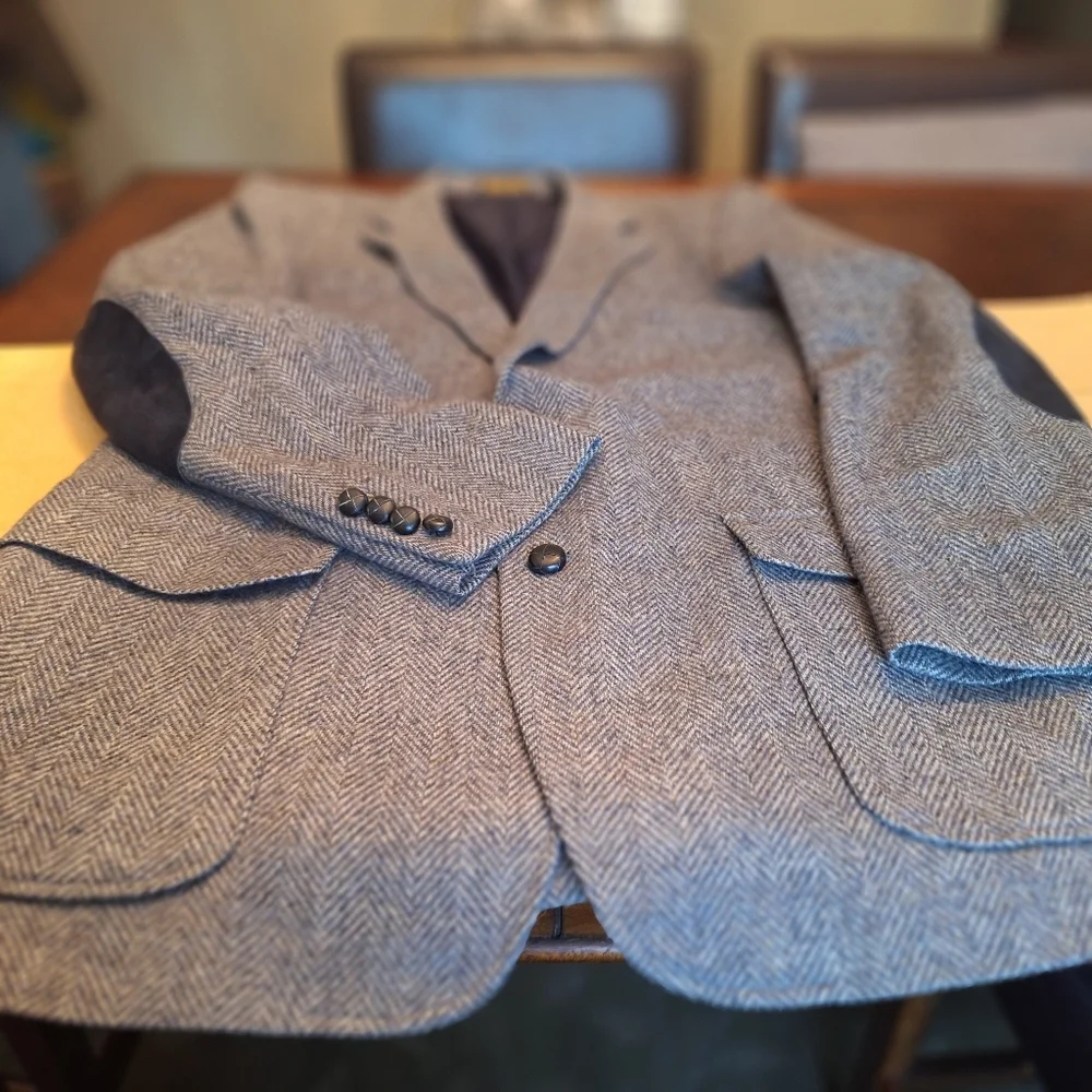 Vintage Gray Wool Herringbone Suit Coat Blazer with Elbow Patches 44 L